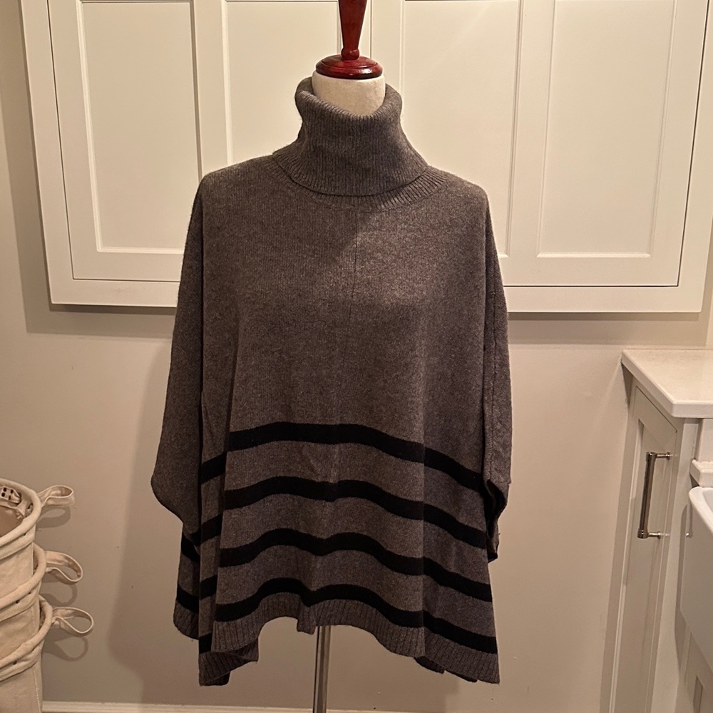 Eileen Fisher Charcoal and Black Striped Turtleneck poncho sweater